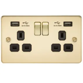 13A 2G Flat Plate Switched Socket and Dual USB Chargers with Black Inserts