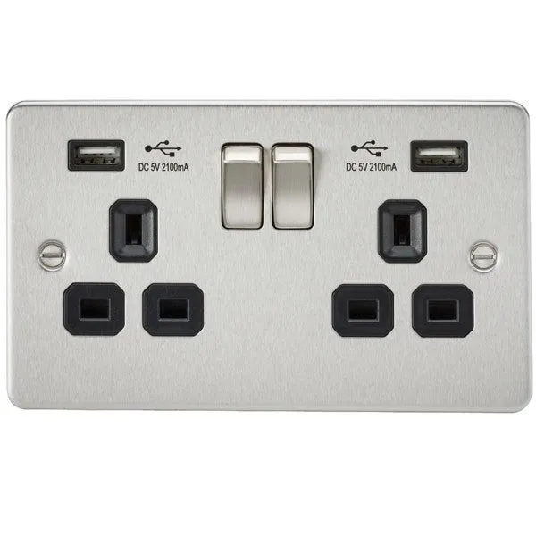 13A 2G Flat Plate Switched Socket and Dual USB Chargers with Black Inserts