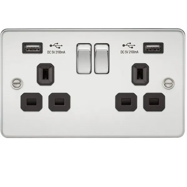 13A 2G Flat Plate Switched Socket and Dual USB Chargers with Black Inserts