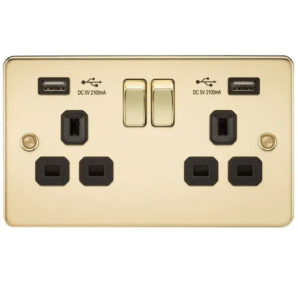 13A 2G Flat Plate Switched Socket and Dual USB Chargers with Black Inserts