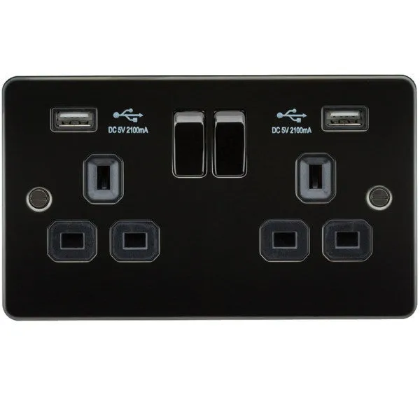 13A 2G Flat Plate Switched Socket and Dual USB Chargers with Black Inserts