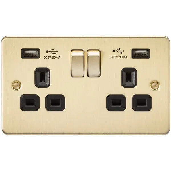 13A 2G Flat Plate Switched Socket and Dual USB Chargers with Black Inserts