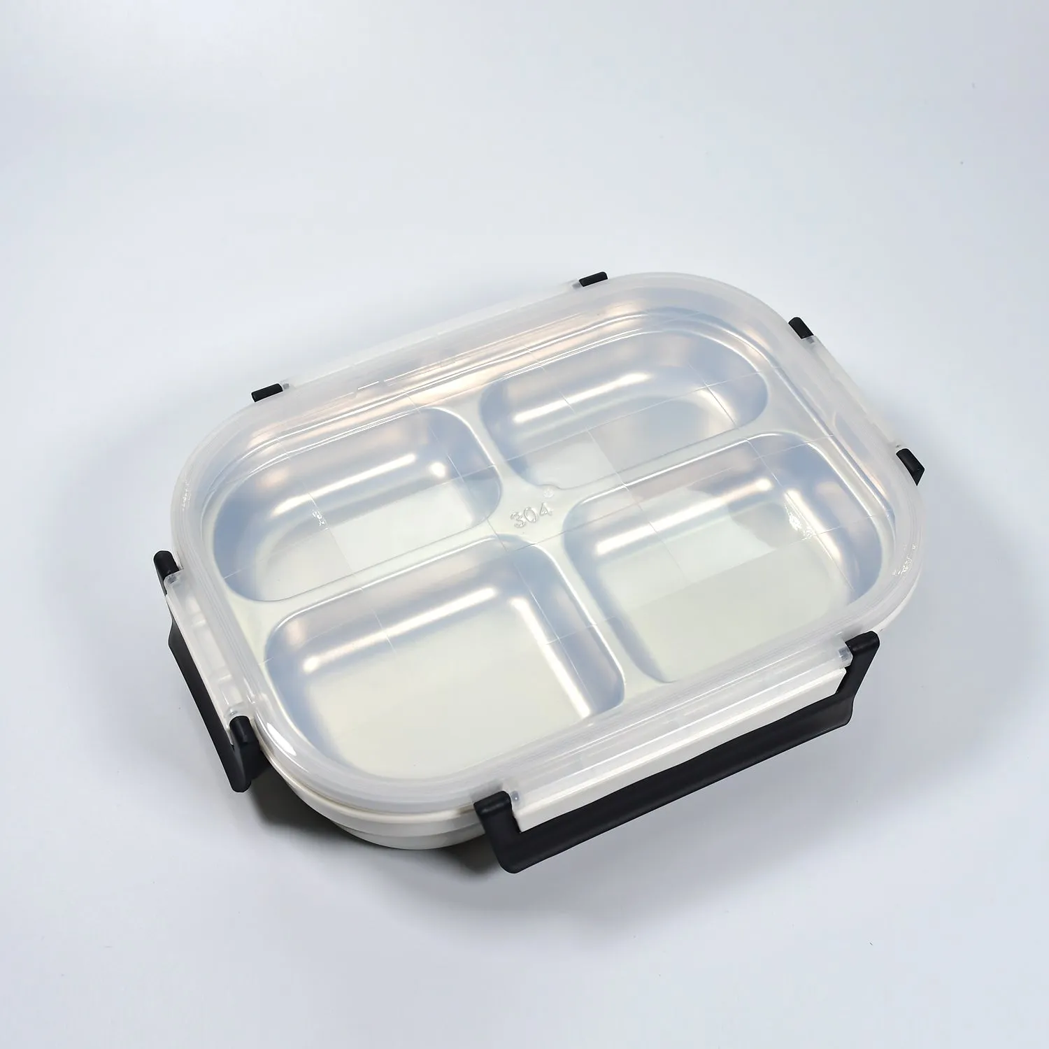 2043 White Transparent 4 Compartment Lunch Box for Kids and adults, Stainless Steel Lunch Box with 4 Compartments.