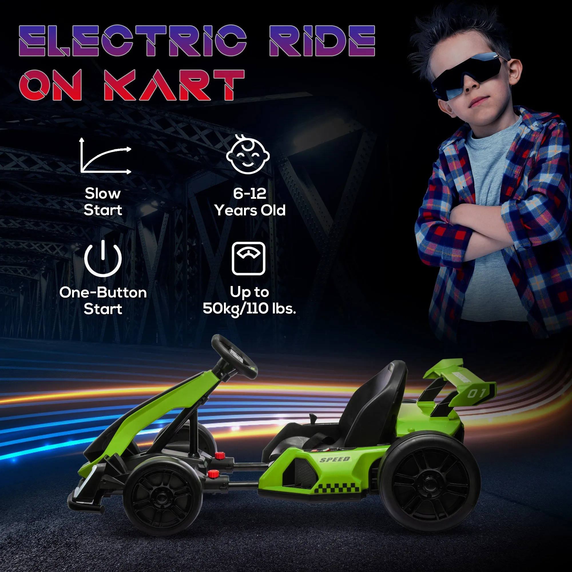 24V Electric Go Kart for Kids with Adjustable Seat, Green