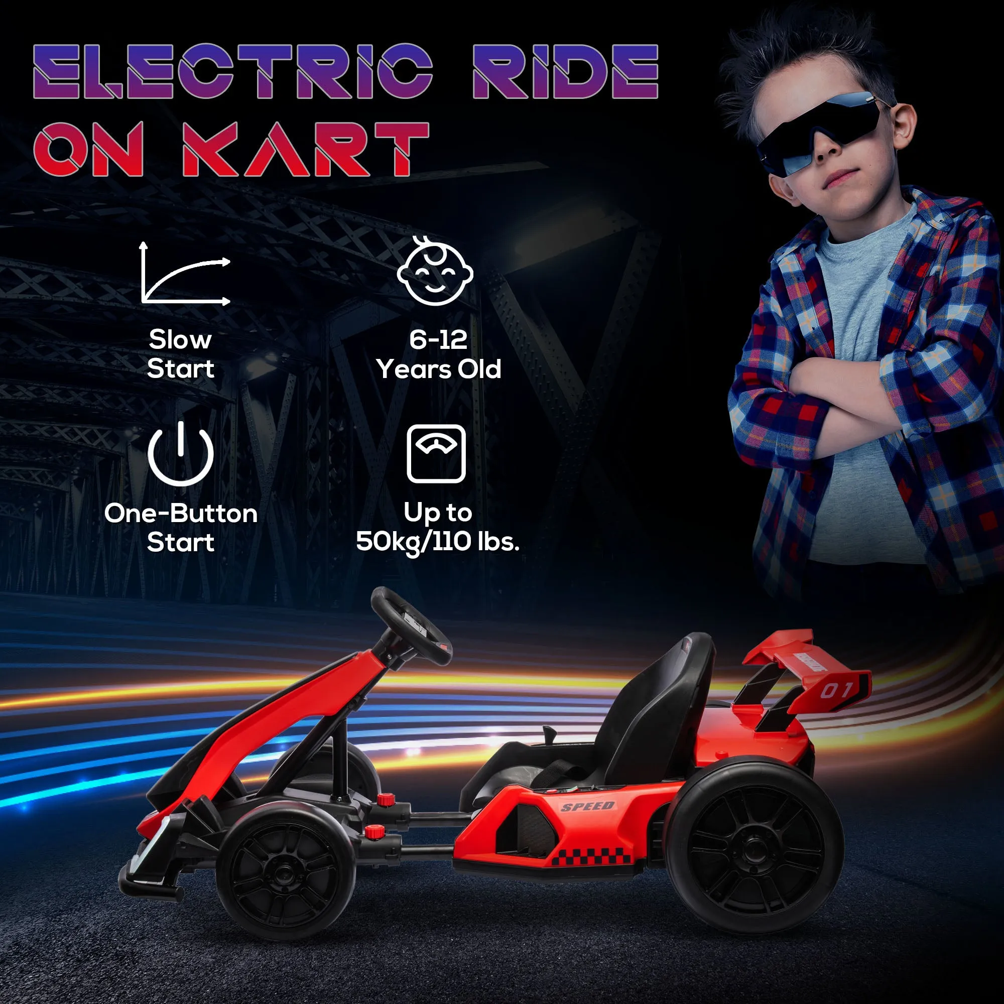 24V Electric Go Kart for Kids with Adjustable Seat, Red