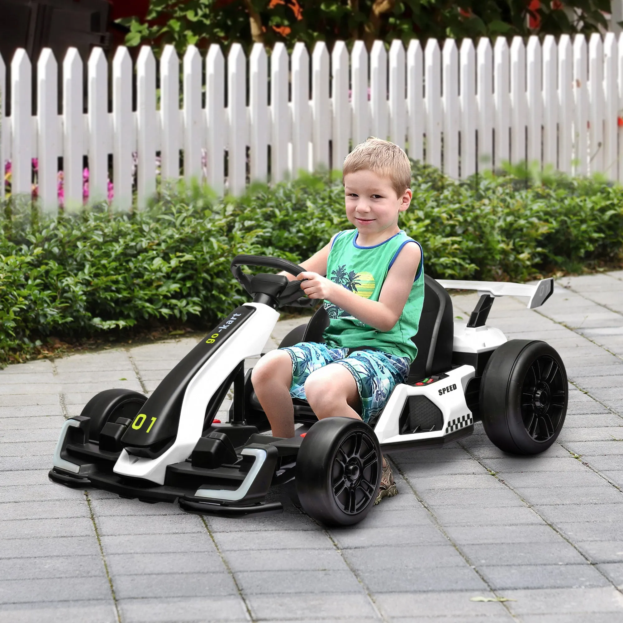 24V Electric Go Kart for Kids with Adjustable Seat, White