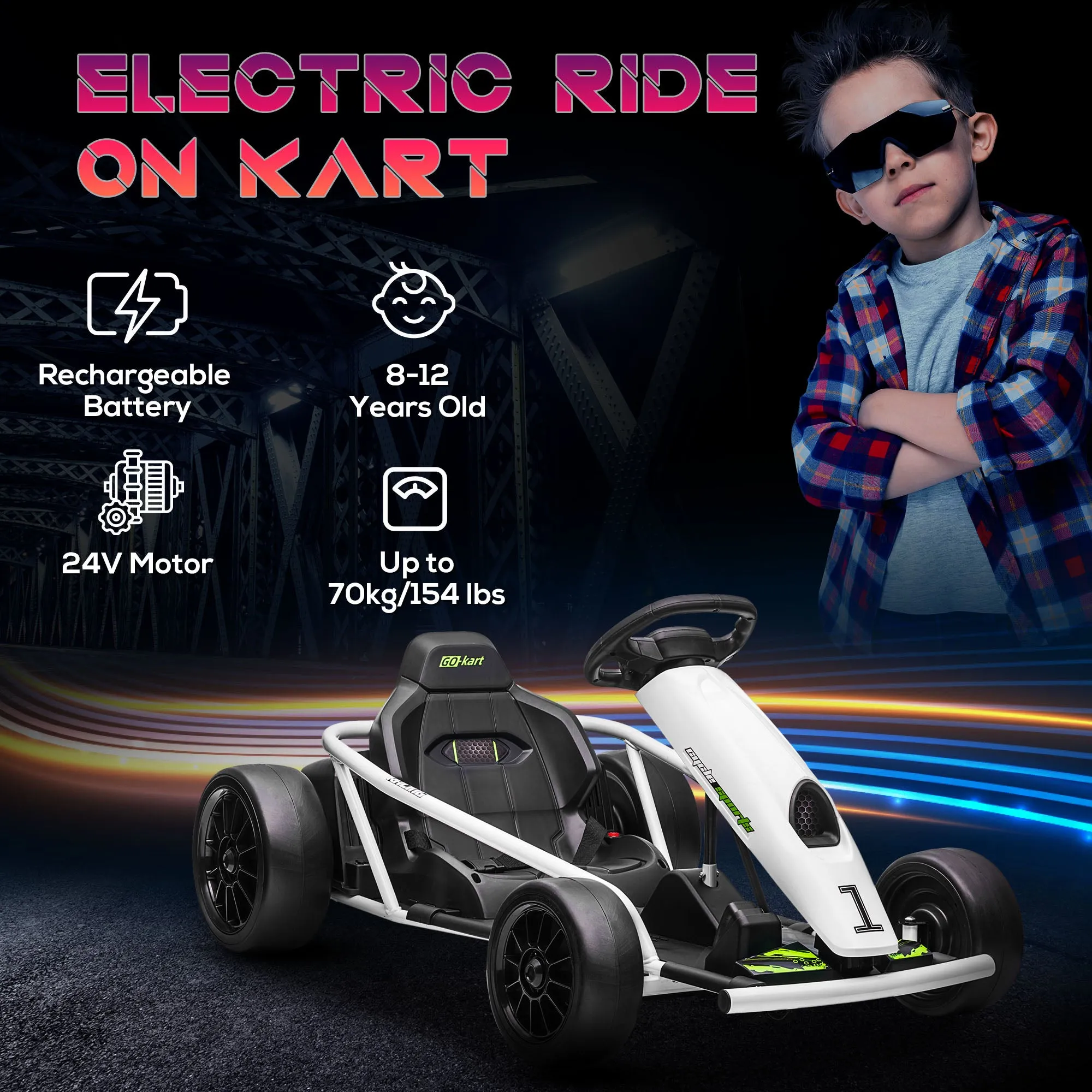 24V Electric Go Kart for Kids with Music, Horn Honking, Slow Start