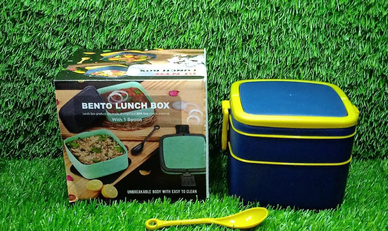 2868 BLUE DOUBLE-LAYER PORTABLE LUNCH BOX STACKABLE WITH CARRYING HANDLE AND SPOON LUNCH BOX , Bento Lunch Box