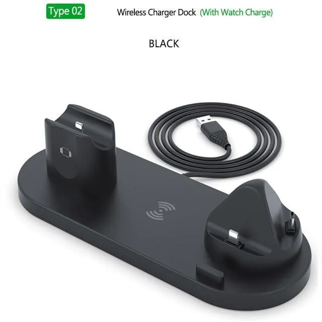 6 in 1 Wireless Charger Dock Station for iPhone/Android/Type-C USB Phones 10W Qi Fast Charging For Apple Watch AirPods Pro