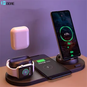 6 in 1 Wireless Charger Dock Station for iPhone/Android/Type-C USB Phones 10W Qi Fast Charging For Apple Watch AirPods Pro