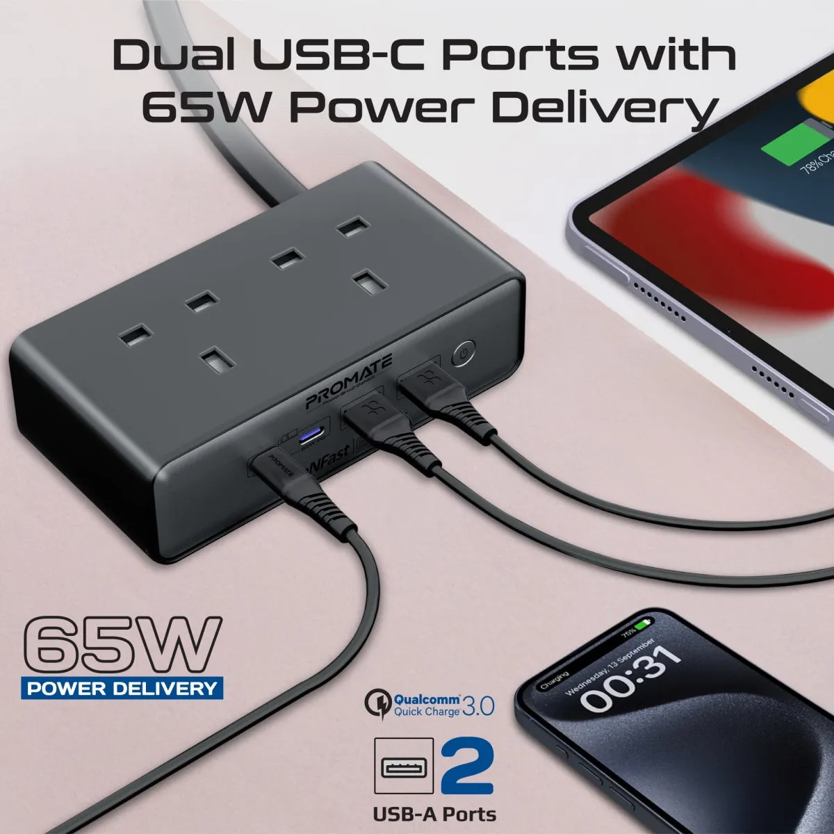 65W Power Delivery GaNFast™ Charging Station with 3250W Dual AC Socket