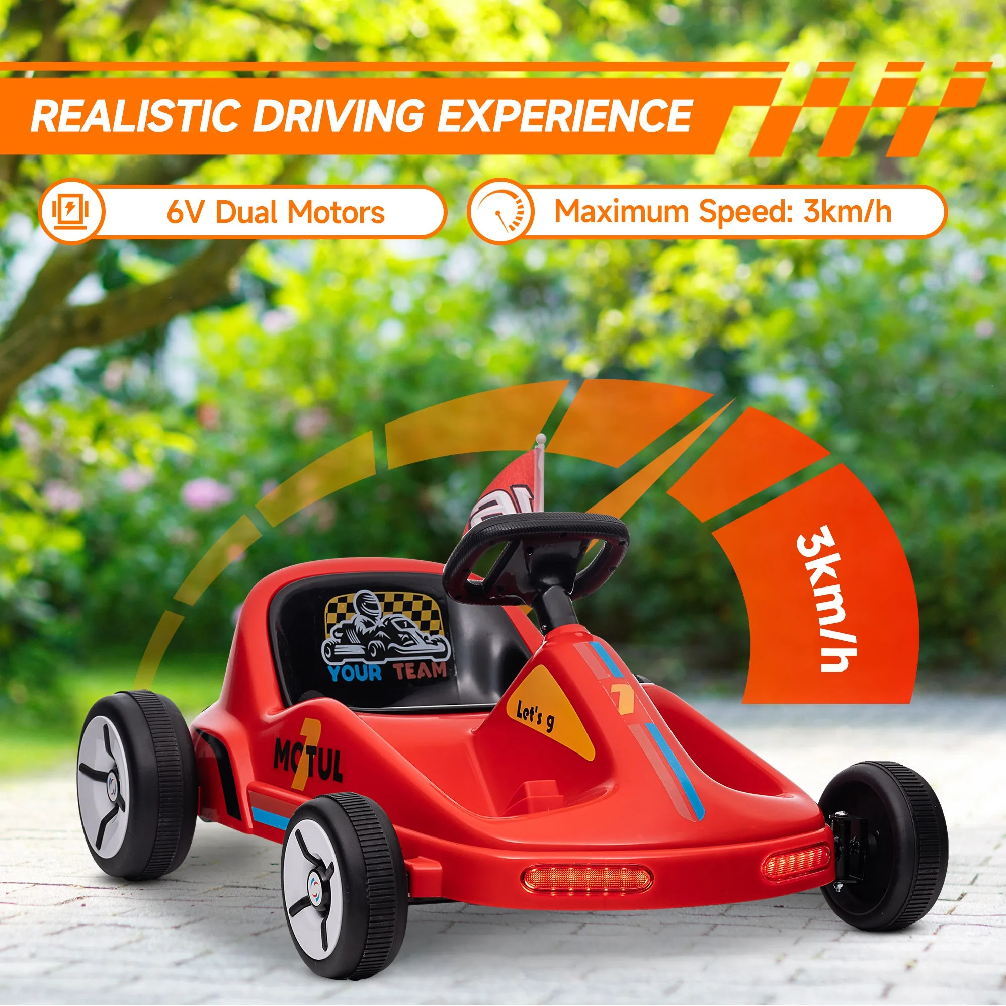 6V Electric Go Kart w/ Music, Light, Horn, for 3-5 Years, Red