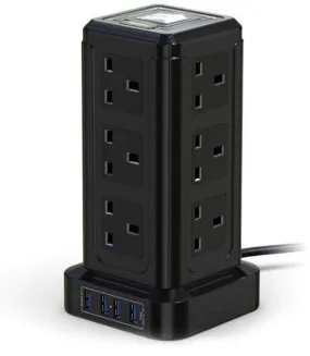 8 Way/12 Way Outlet Sockets with 4 USB 2.1A Charging Ports Tower USB Power Socket