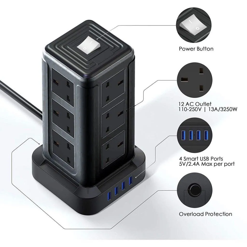 8 Way/12 Way Outlet Sockets with 4 USB 2.1A Charging Ports Tower USB Power Socket