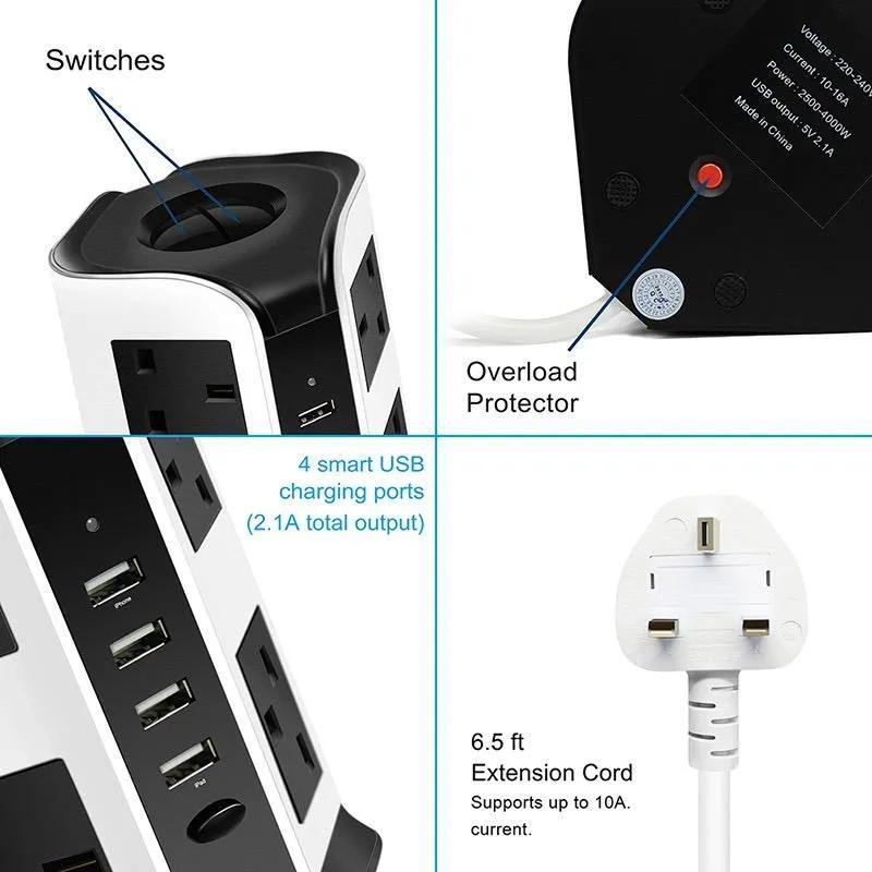 8 Way/12 Way Outlet Sockets with 4 USB 2.1A Charging Ports Tower USB Power Socket