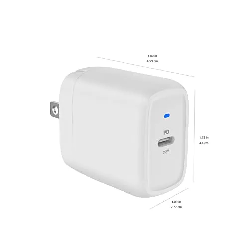 Amazon Basics 20W One-Port USB-C Wall Charger with Power Delivery PD for Tablets & Phones (iPhone 16/15/14/13/12/11/X, iPad, Samsung, and more), non-PPS, 1.81 x 1.73 x 1.09 inches, White