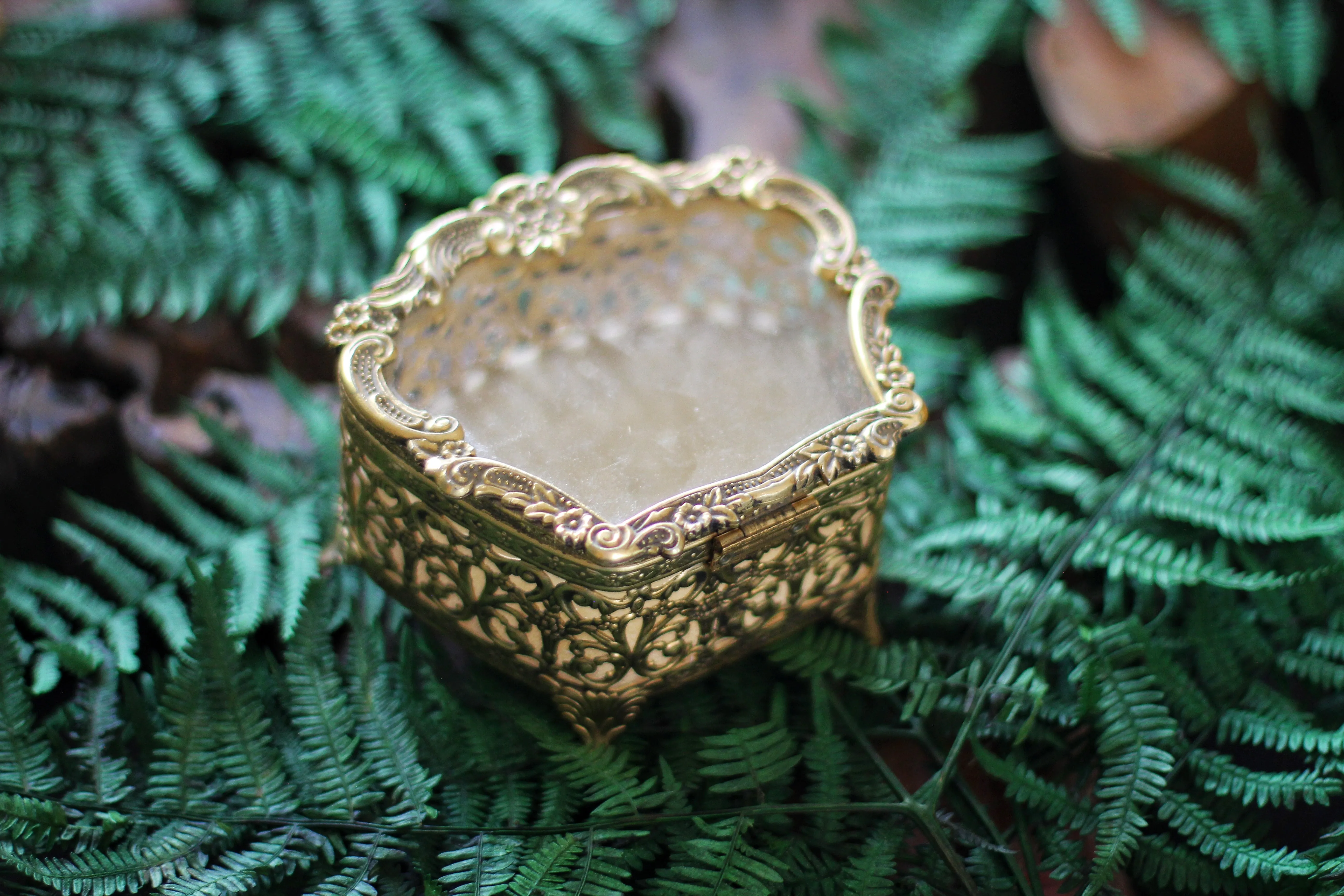 Antique Bronze Filigree Glass Jewelry Box