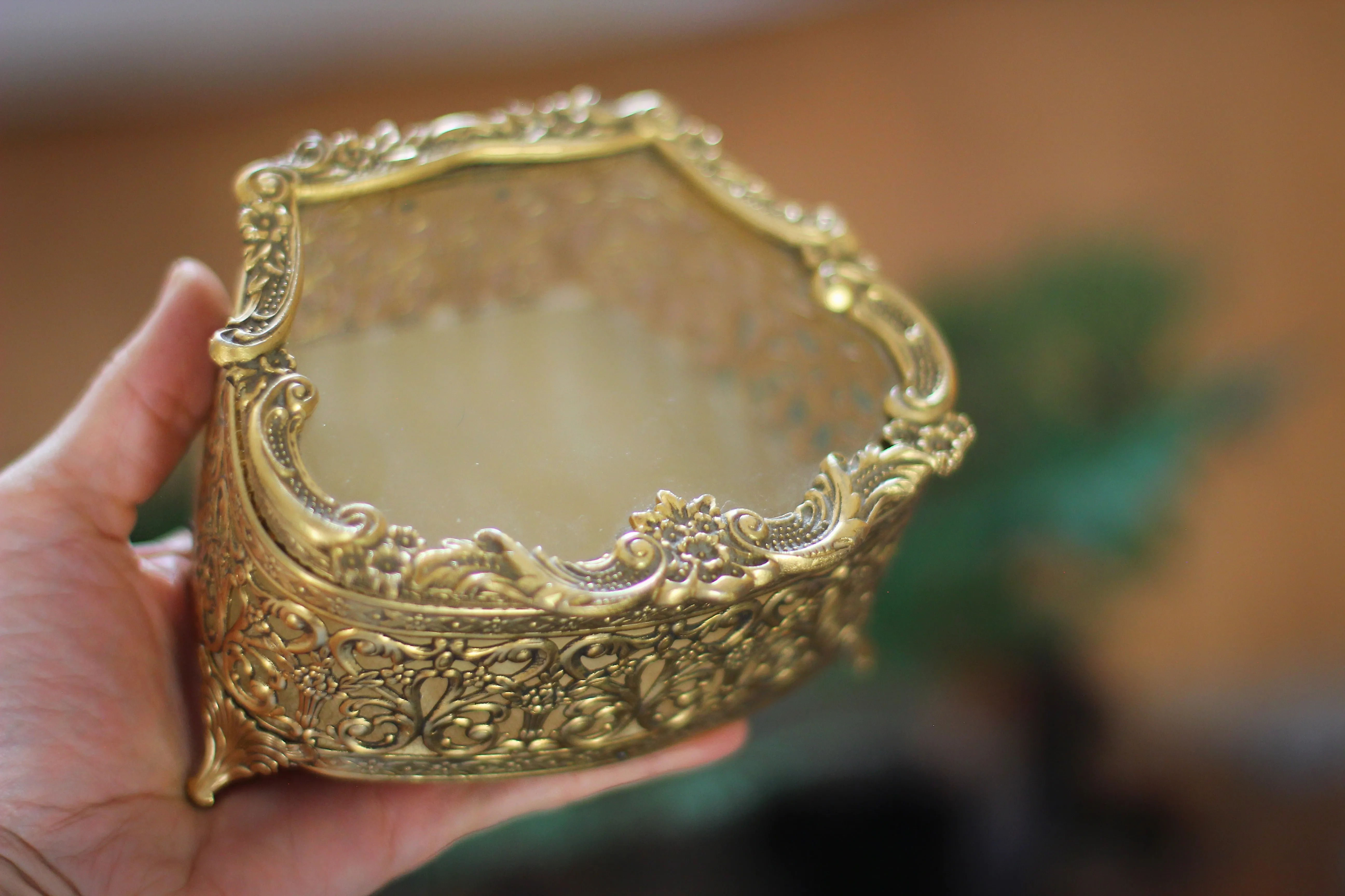 Antique Bronze Filigree Glass Jewelry Box