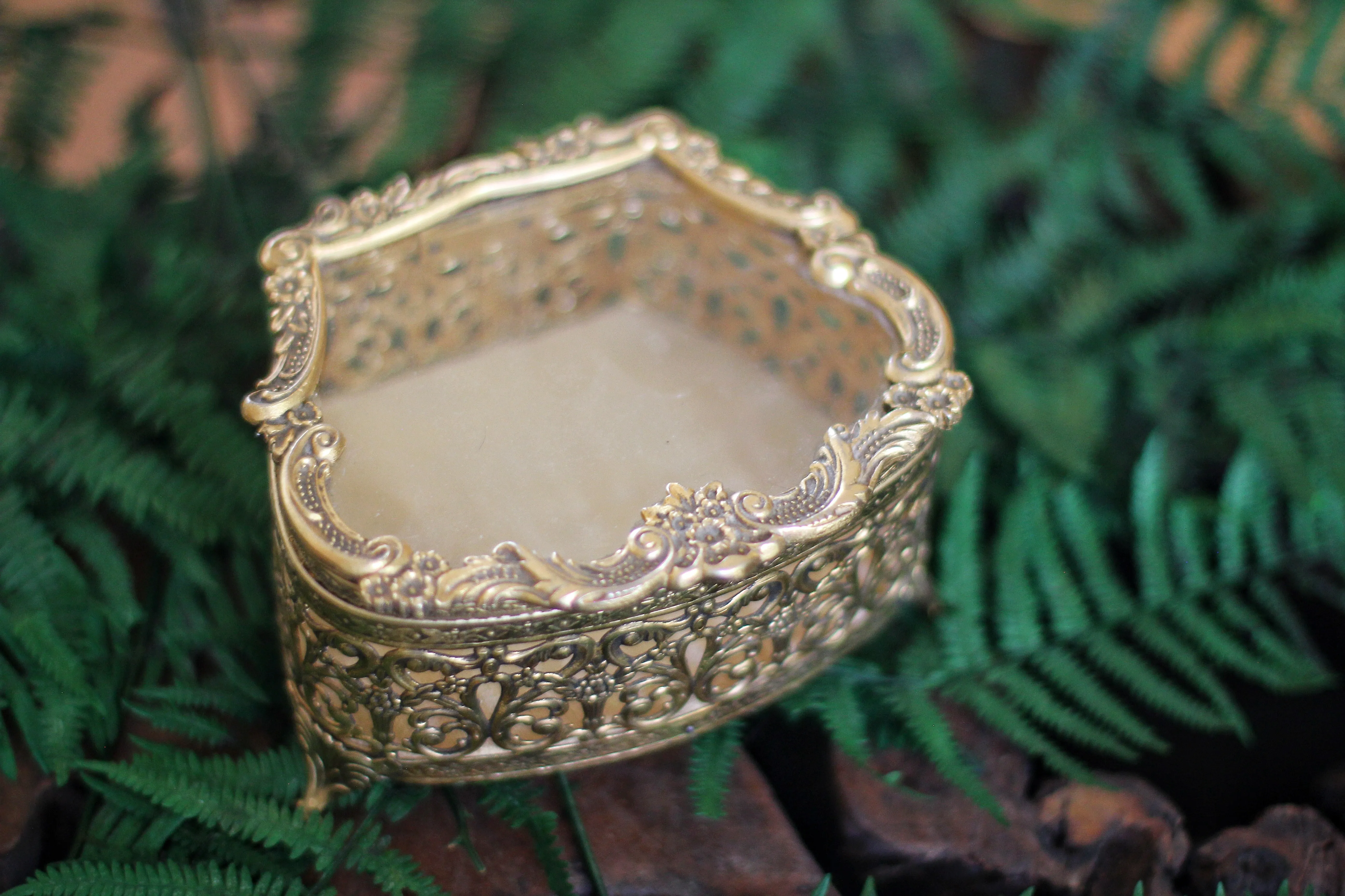 Antique Bronze Filigree Glass Jewelry Box