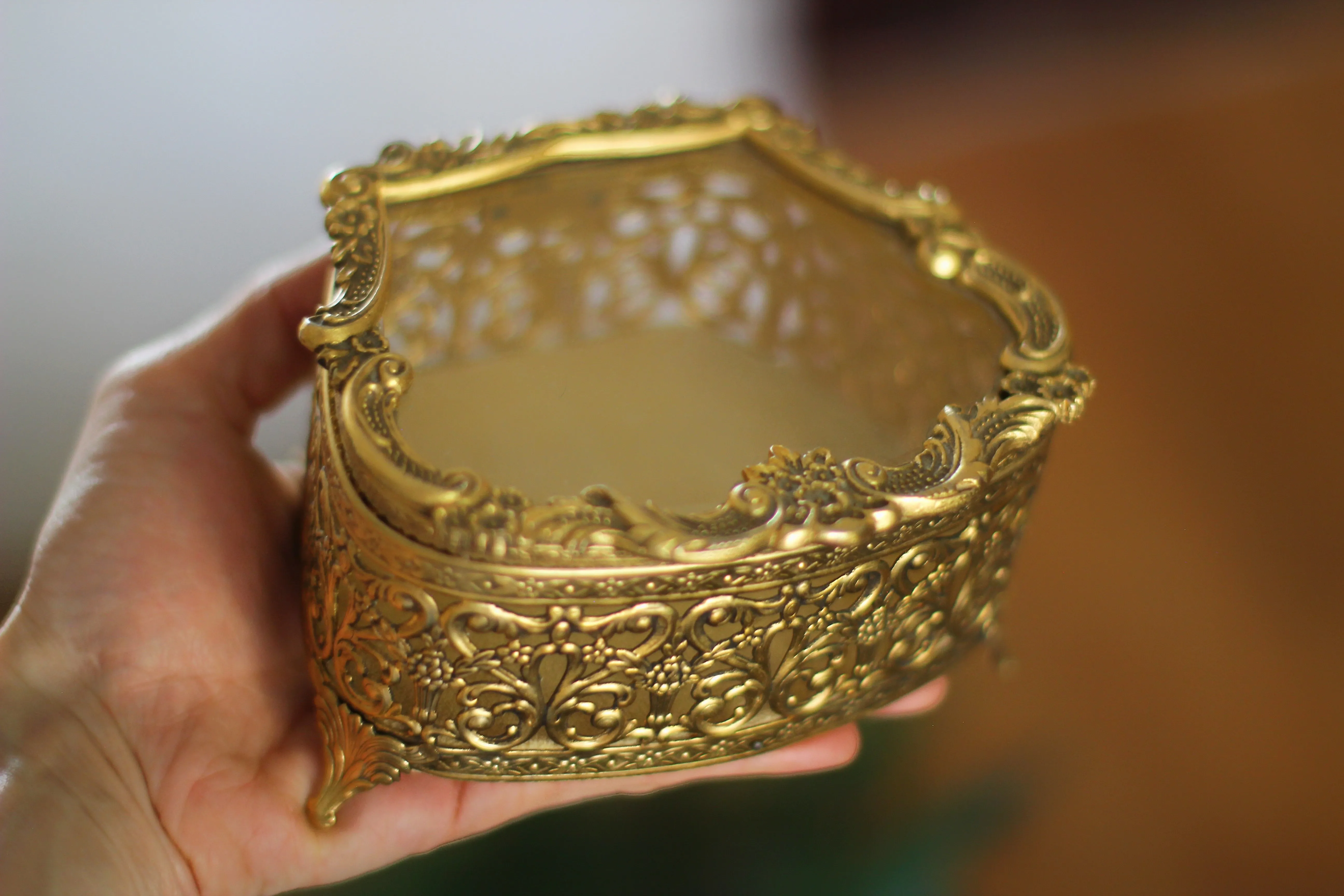 Antique Bronze Filigree Glass Jewelry Box