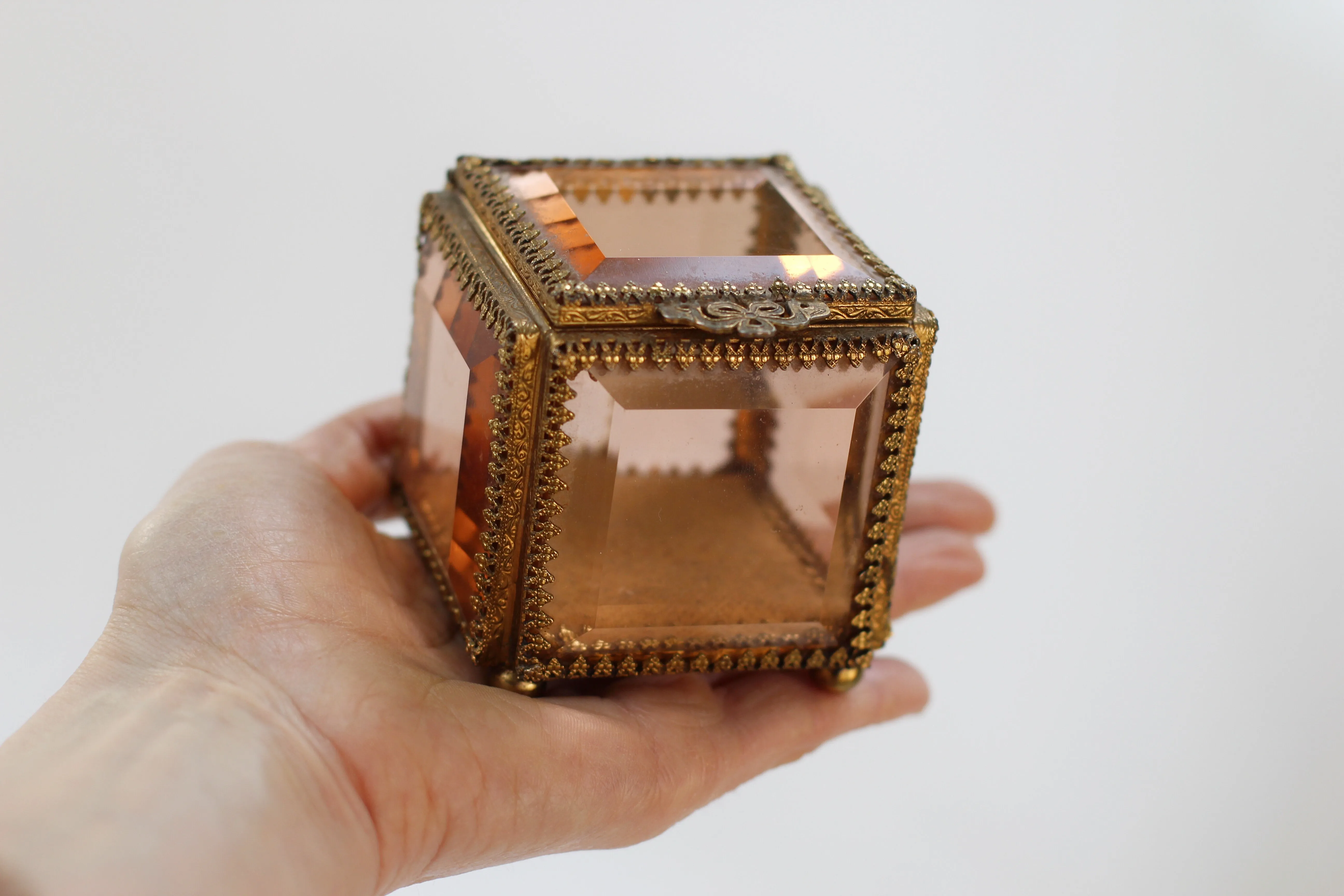 Antique French Victorian Amber Glass Jewelry Box