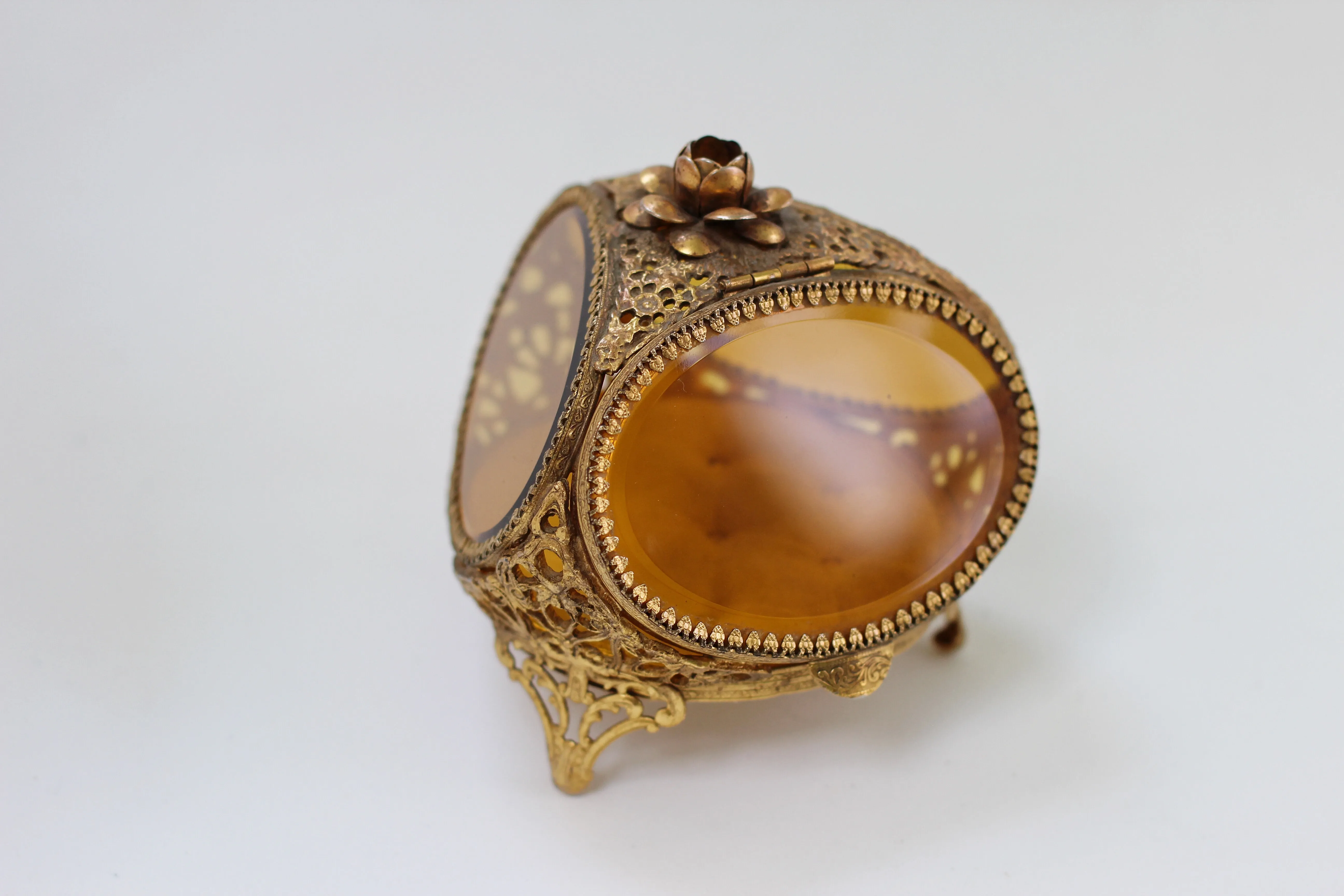 Antique Rare Floral French Victorian Amber Glass Jewelry Box