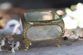 Antique Square Glass Filigree Jewelry Box