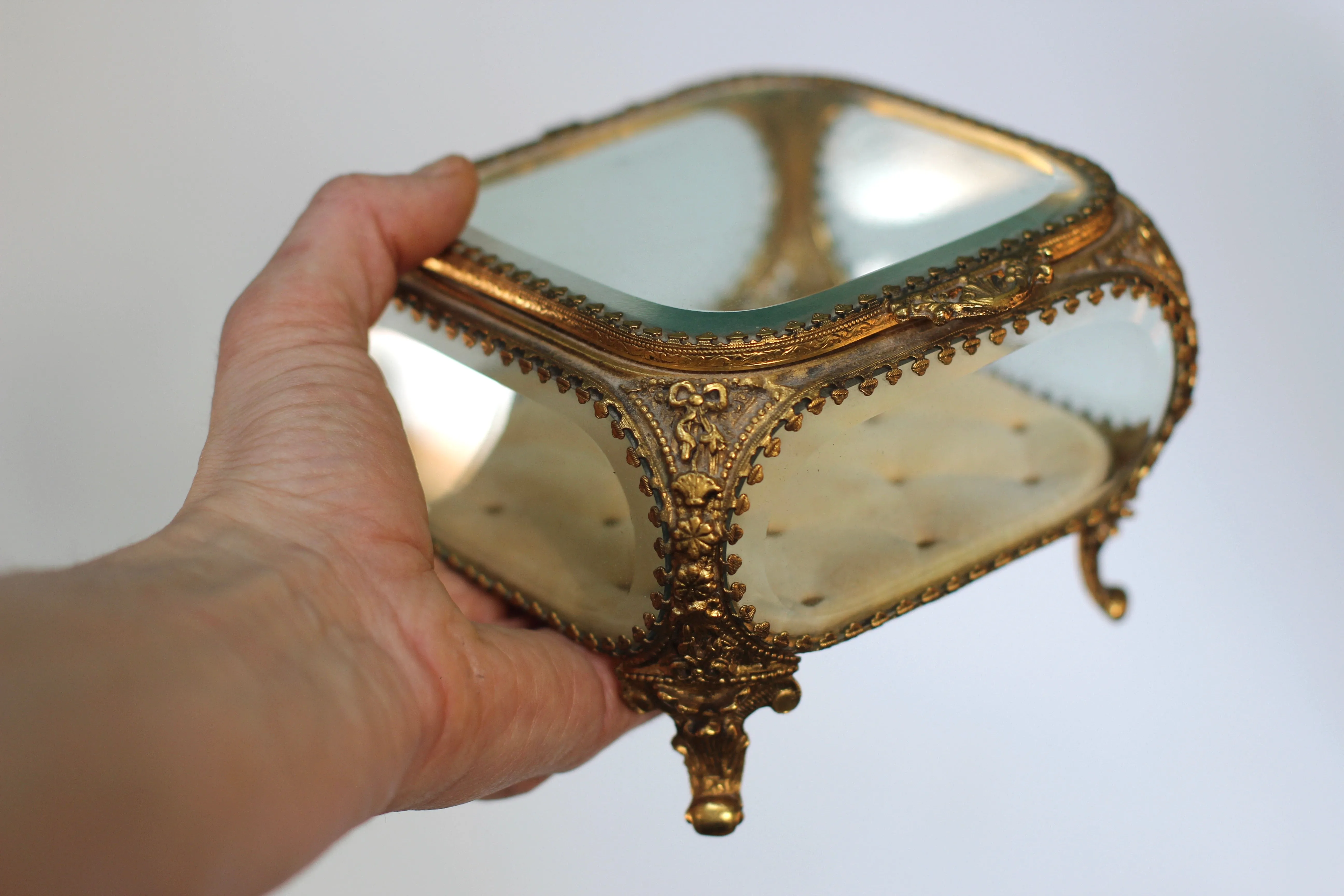 Antique Square Glass Filigree Jewelry Box