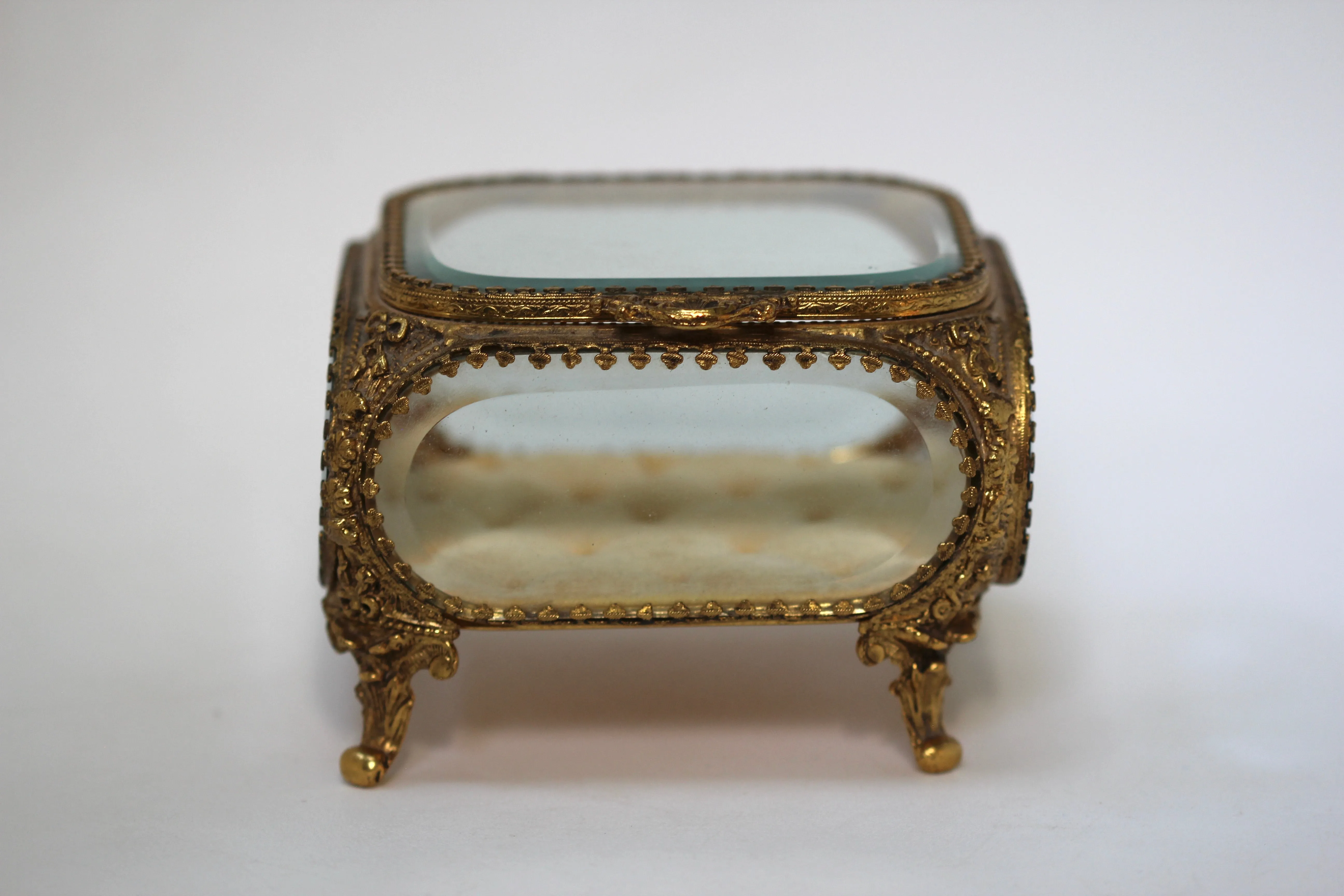 Antique Square Glass Filigree Jewelry Box