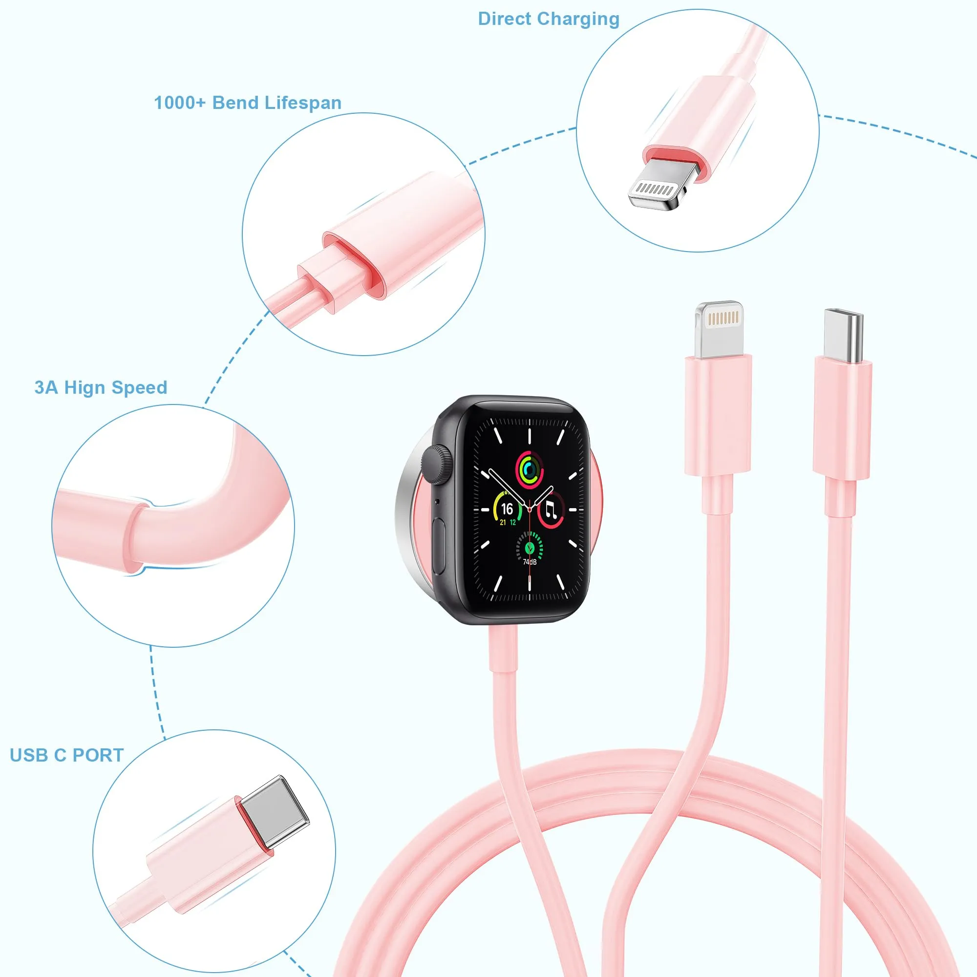 Apple Watch Charger,Upgraded 2-in-1 USB C Fast iWatch Charger [Apple MFi Certified] 6FT Magnetic Charging Cable with 15W Wall Charger Block for Apple Watch Series SE/8/7/6/5/4/3/2/1 & iPhone 14(Pink)