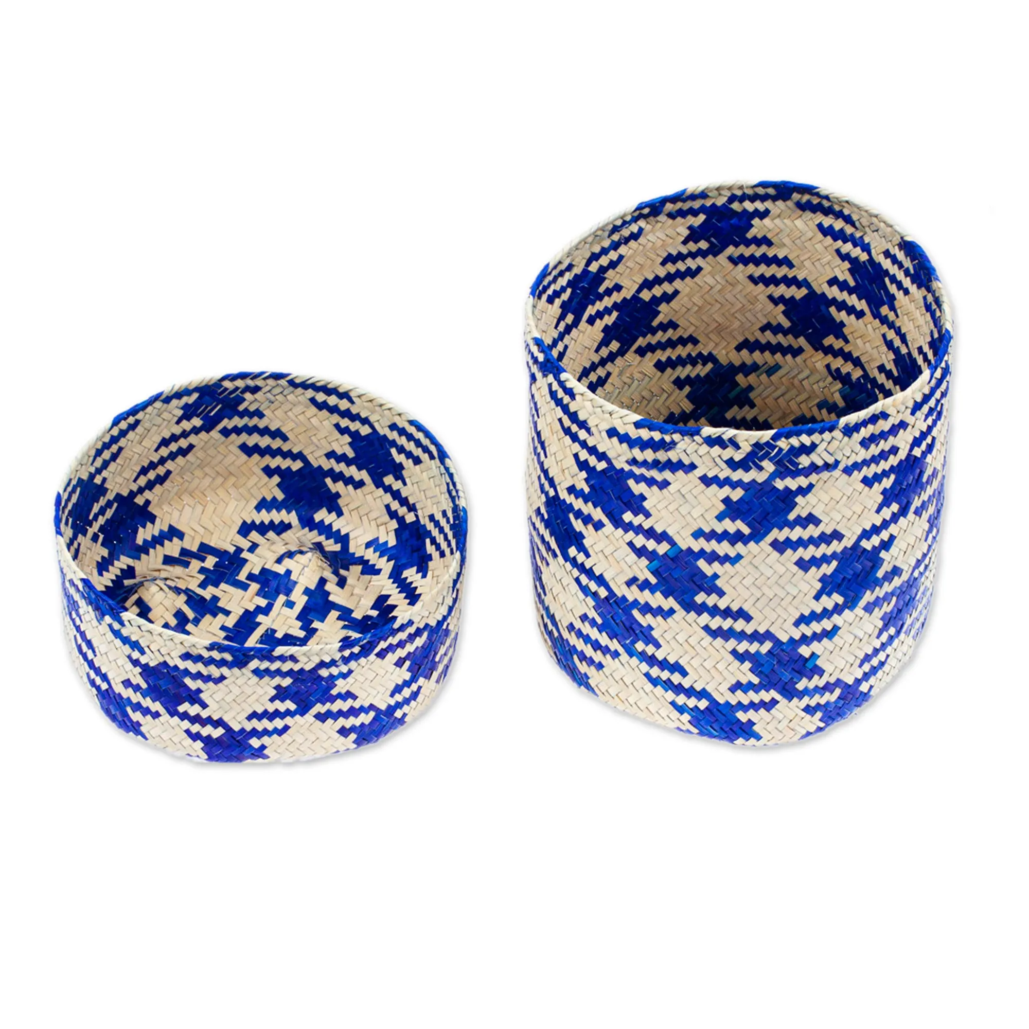 Blue Basket with Lid Hand-Woven from Palm Fiber in Mexico - Rooster in Blue | NOVICA