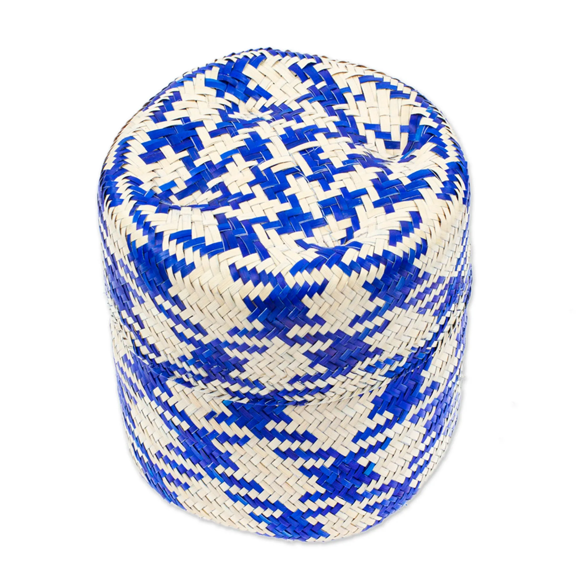 Blue Basket with Lid Hand-Woven from Palm Fiber in Mexico - Rooster in Blue | NOVICA