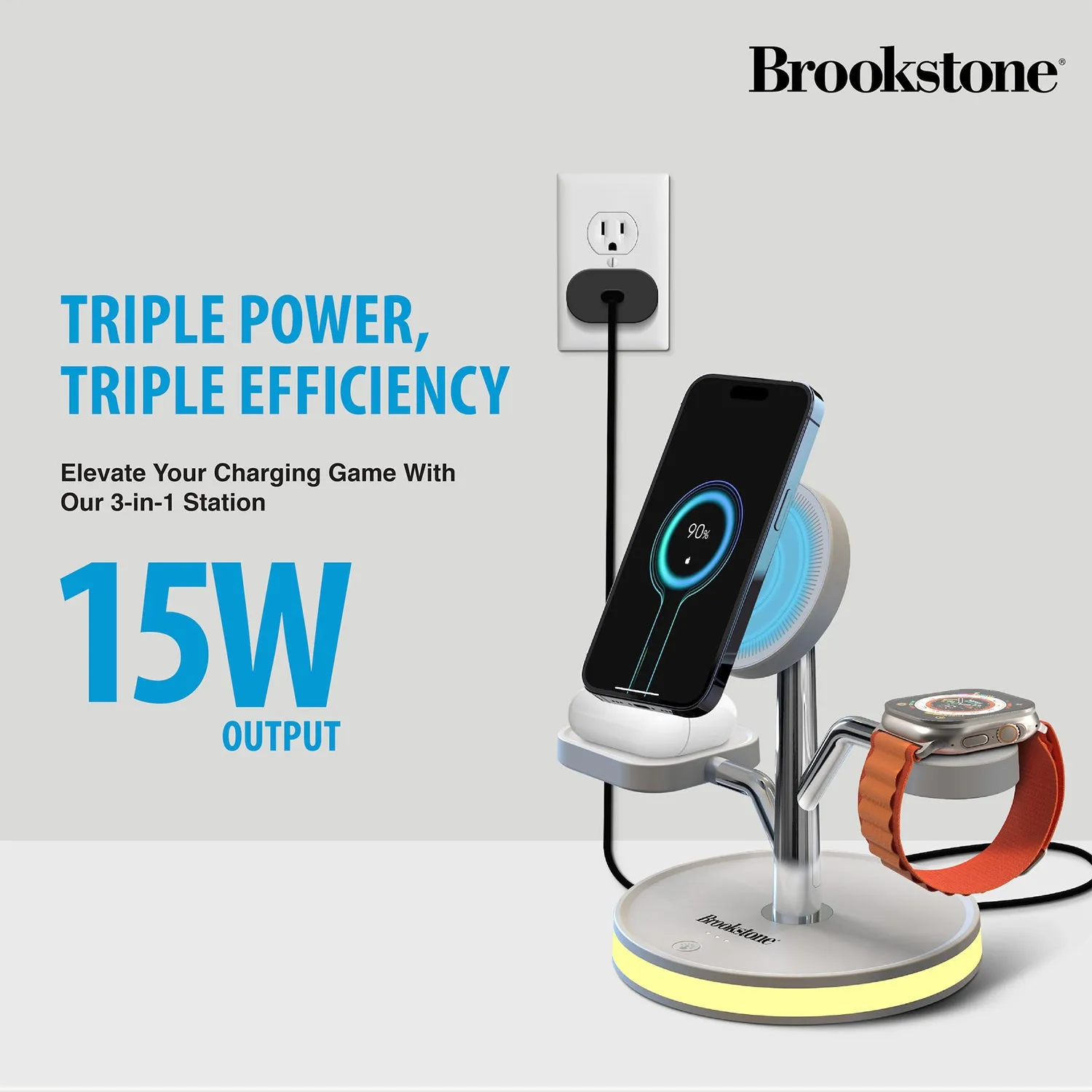 Brookstone 3 in 1 Wireless Charging Station Compatible with MagSafe Charger for Apple Fast Wireless Charger Stand for iPhones, iWatch, and Airpods