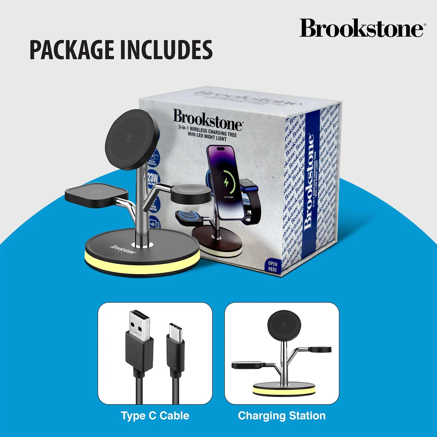 Brookstone 3 in 1 Wireless Charging Station Compatible with MagSafe Charger for Apple Fast Wireless Charger Stand for iPhones, iWatch, and Airpods