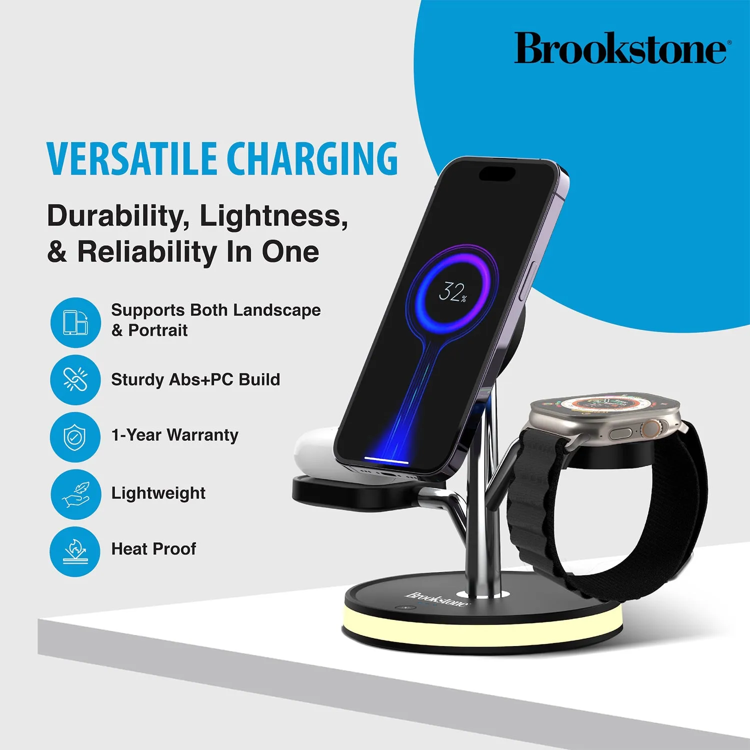 Brookstone 3 in 1 Wireless Charging Station Compatible with MagSafe Charger for Apple Fast Wireless Charger Stand for iPhones, iWatch, and Airpods