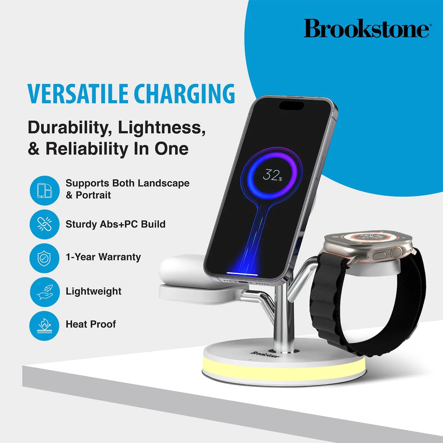 Brookstone 3 in 1 Wireless Charging Station Compatible with MagSafe Charger for Apple Fast Wireless Charger Stand for iPhones, iWatch, and Airpods