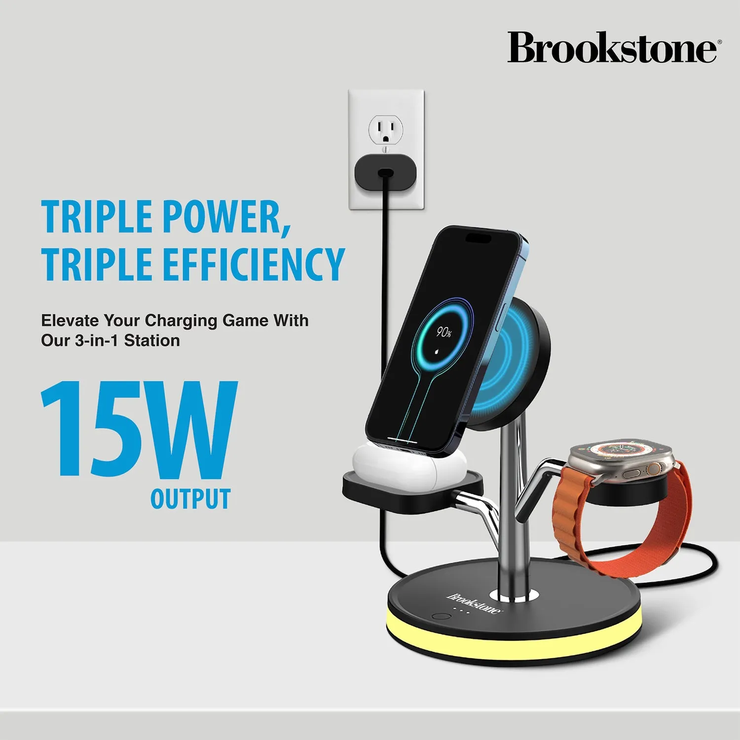 Brookstone 3 in 1 Wireless Charging Station Compatible with MagSafe Charger for Apple Fast Wireless Charger Stand for iPhones, iWatch, and Airpods