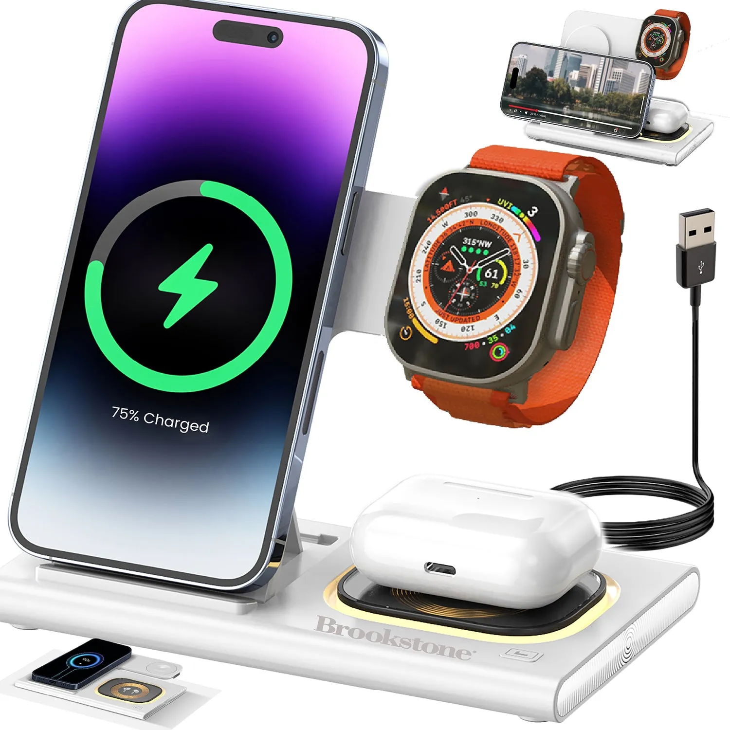 Brookstone 3-in-1 Wireless Charging Station for Apple iPhone, AirPods, and Apple Watch