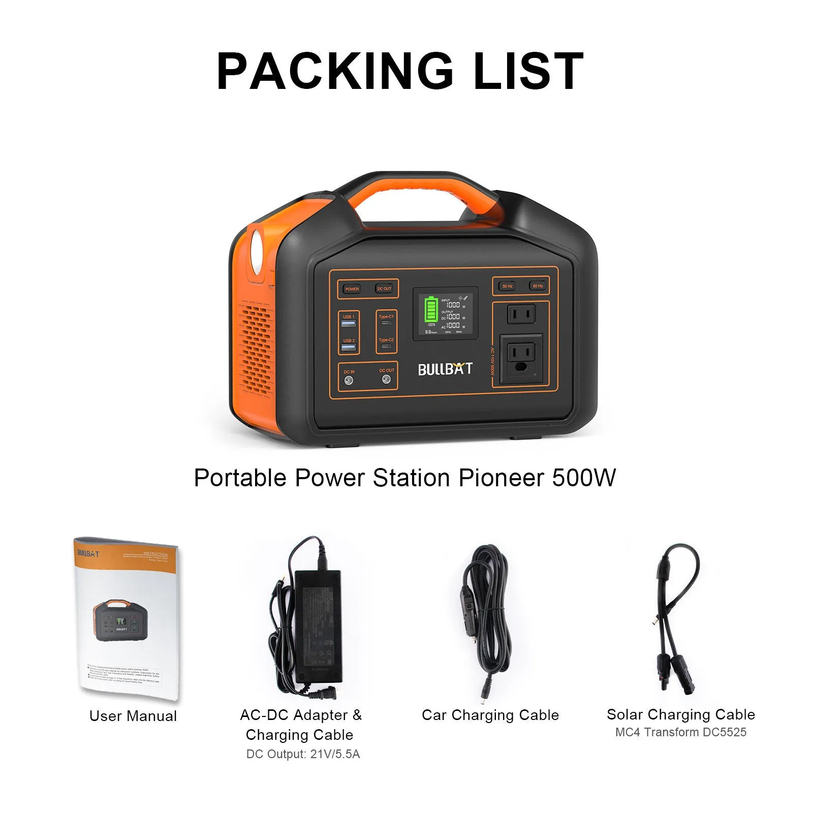 BULLBAT Portable Power Station Pioneer 500, 504Wh Lithium Battery Powered Outlet with 500W AC/60W PD/QC3.0 USB-A/12V DC, Solar Power Generators with MPPT, Backup Power Supply for Outdoor & Indoor