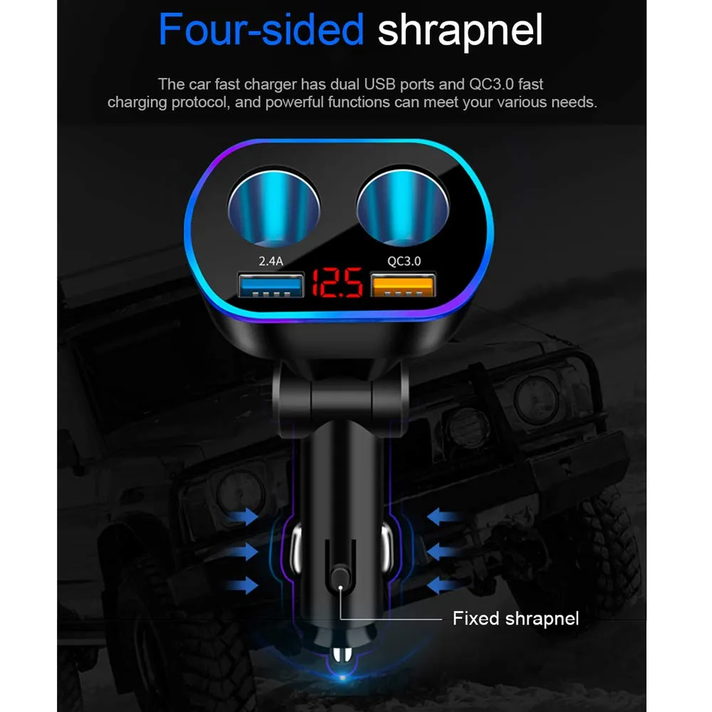 Car Charger Cigarette Lighter Splitter Adapter,120W QC3.0 Dual USB Car Charger with LED Voltmeter 12/24V Sockets Splitter Cigarette Lighter USB Charger Fast Charging for Phone Tablets GPS Dash Cam