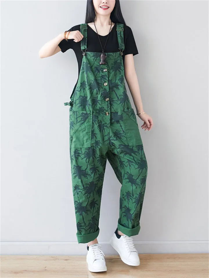 Coconut Tree Printed Button Jumpsuits