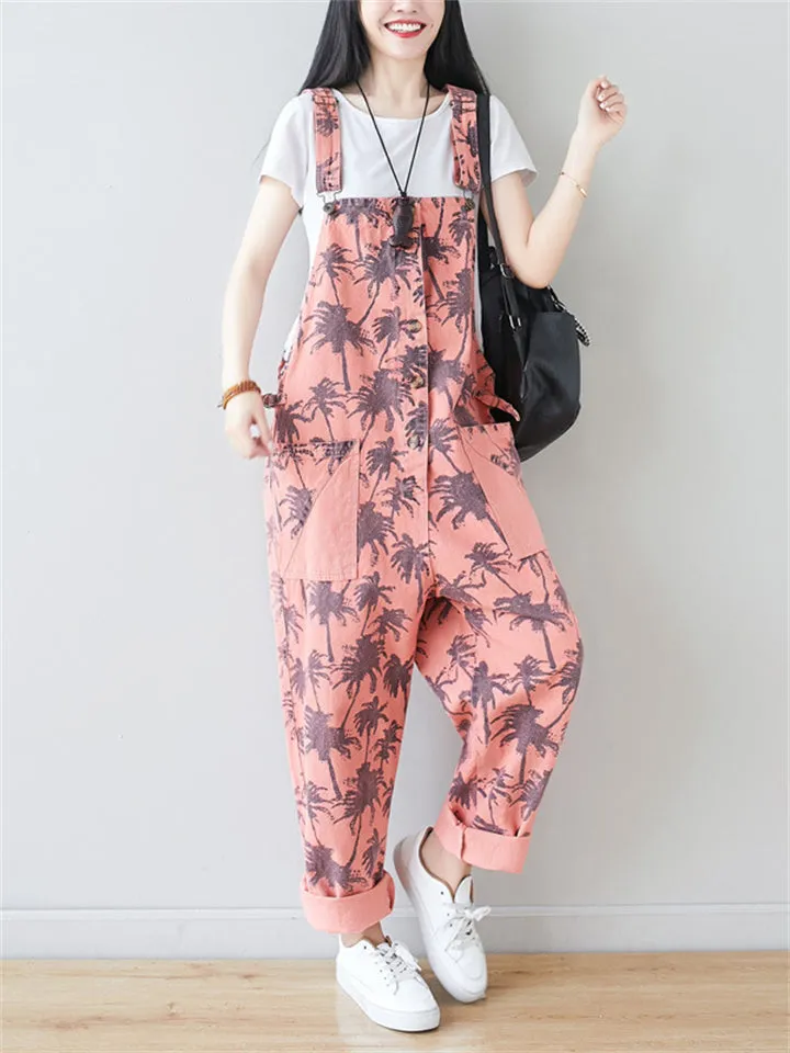 Coconut Tree Printed Button Jumpsuits