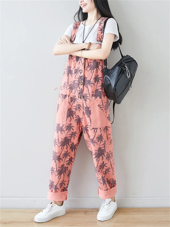 Coconut Tree Printed Button Jumpsuits