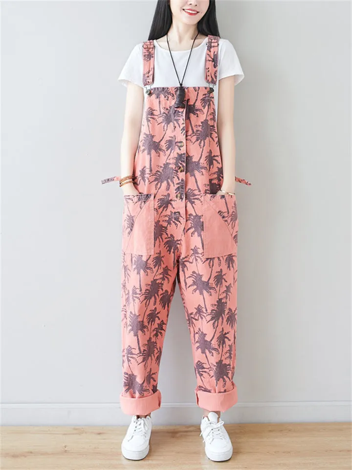 Coconut Tree Printed Button Jumpsuits