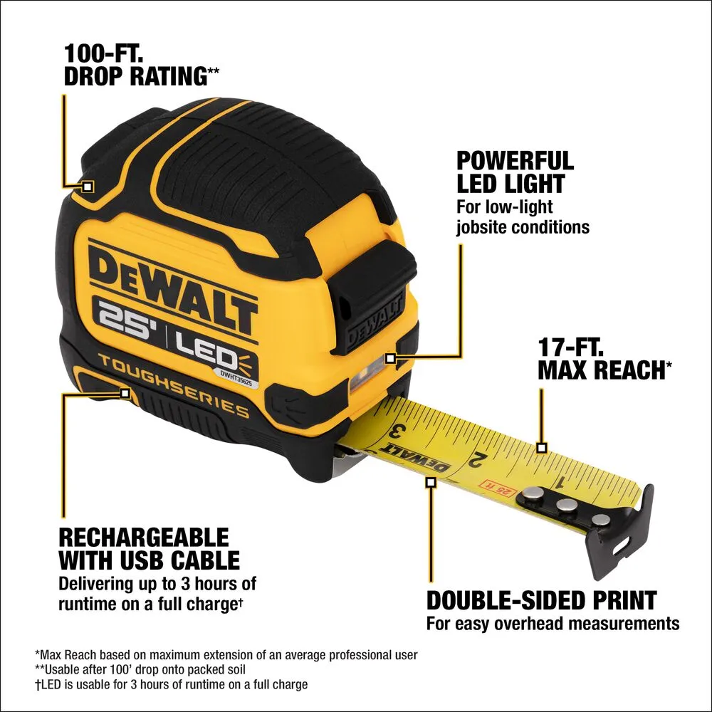 DeWALT DWHT35625S TOUGHSERIES 25' Lighted Tape Measure w/ USB Charging Cable