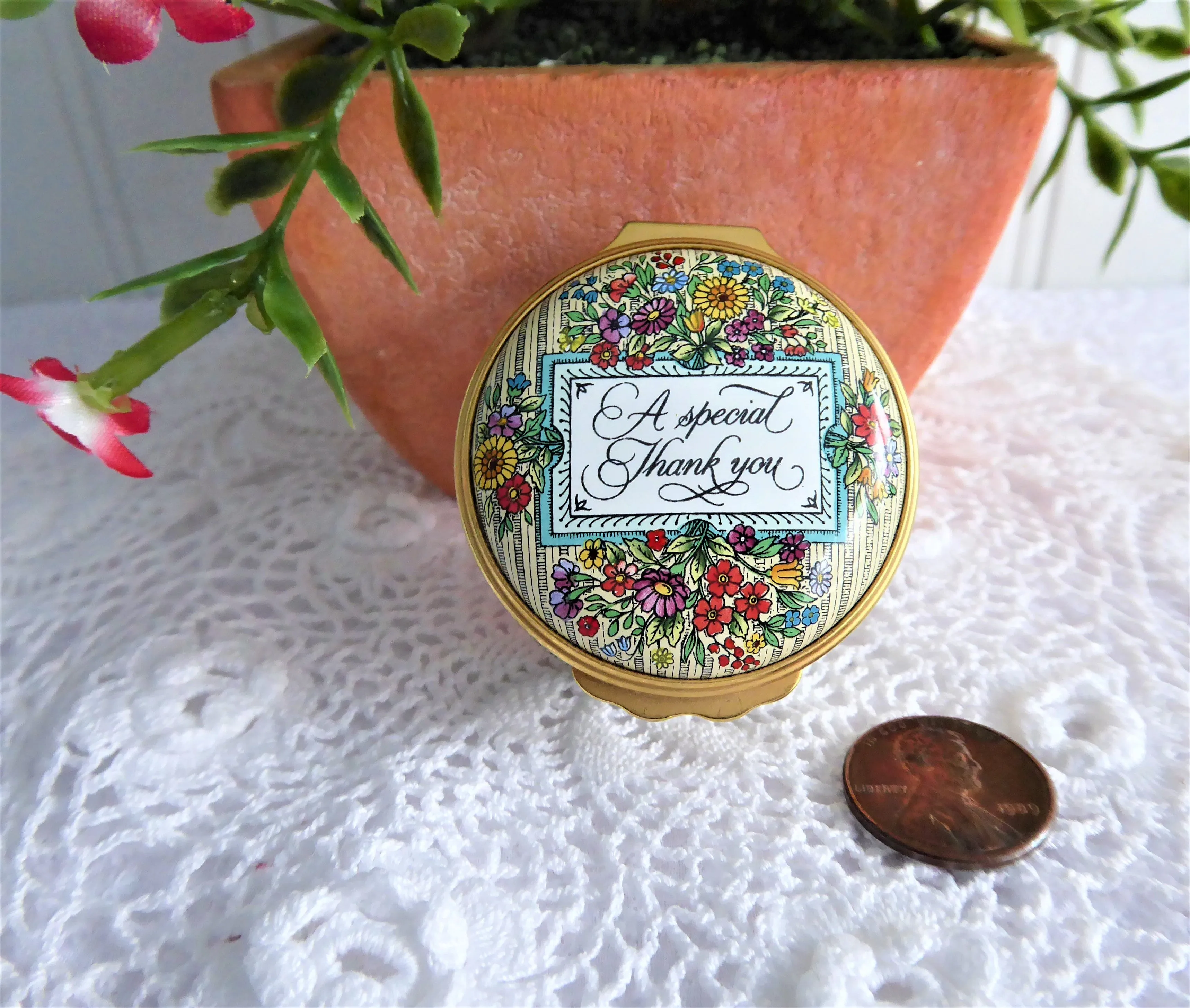 English Enamel Gift Trinket Box A Special Thank You 1980s Halcyon Days