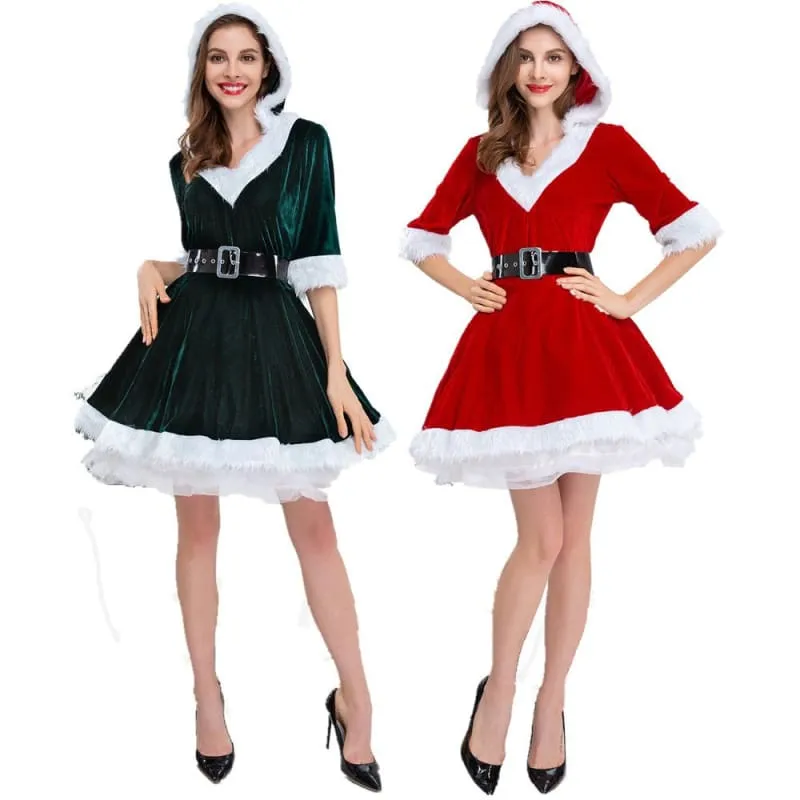 Festive Mother Christmas Hooded Dresses in Red and Green