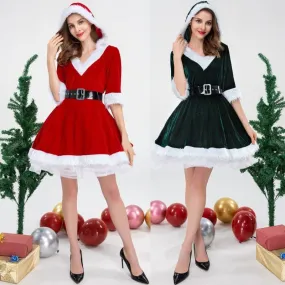 Festive Mother Christmas Hooded Dresses in Red and Green