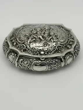 German 800 Silver Repousse Box. Cherubs and Flowers. Circa 1890. 4 3/4" x 4"