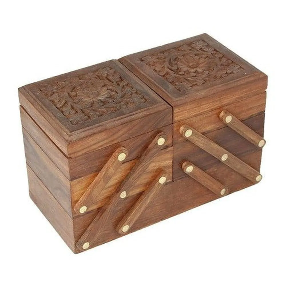 Handmade Wooden Jewellery Box with Hand Carved 9x4.3x6 inches